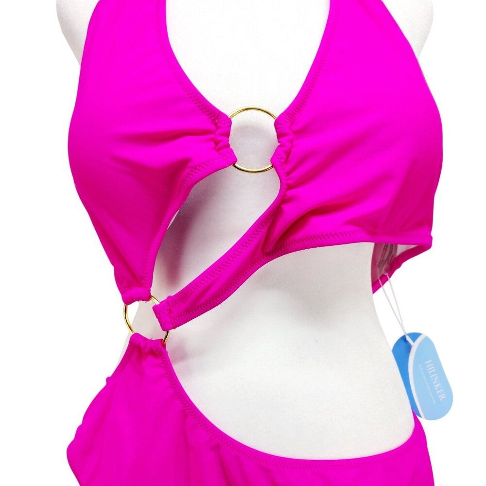 Hot Pink Cutout One-Piece Swimsuit Gold Ring  Halter Neck Tie Size XXL New - Picture 8 of 13